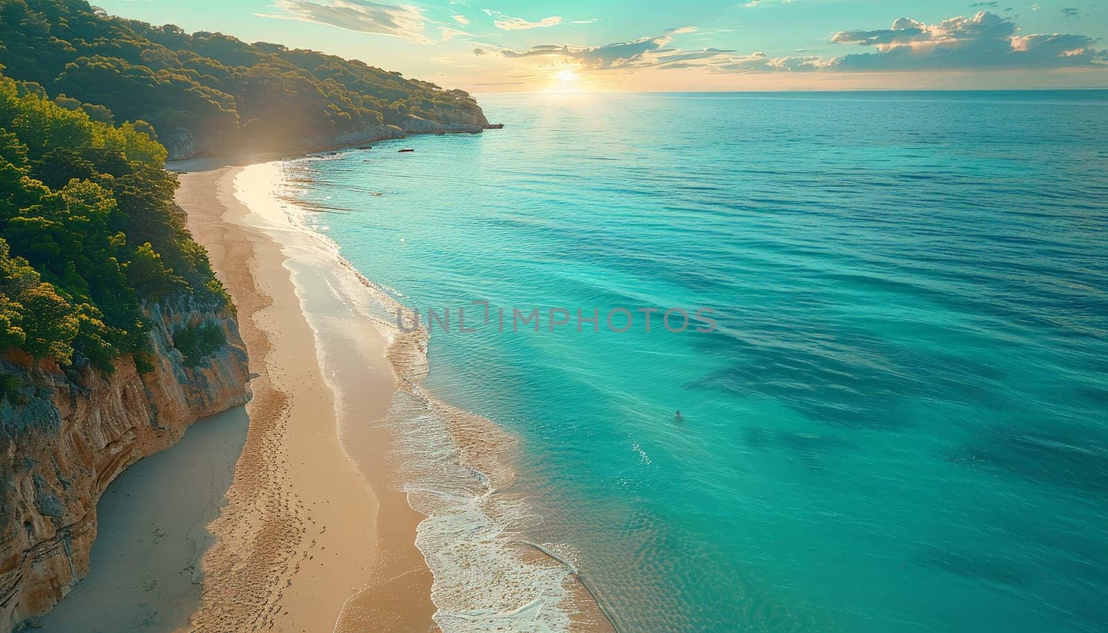 A beautiful beach with a blue ocean and a sunset in the background. The sky is clear and the water is calm