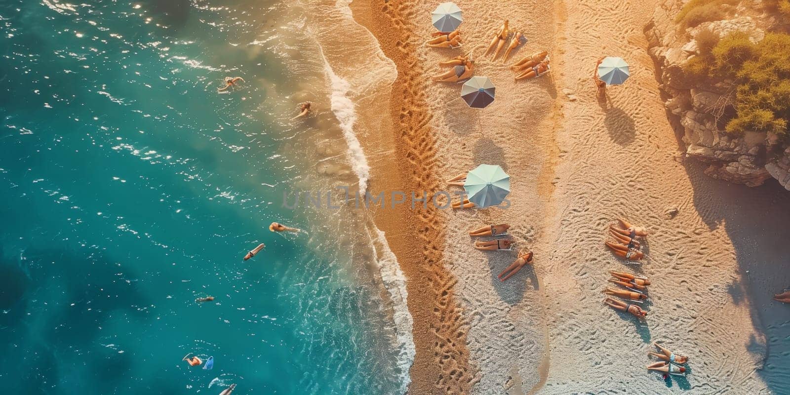 A beach scene with many people and umbrellas. Scene is relaxed and fun
