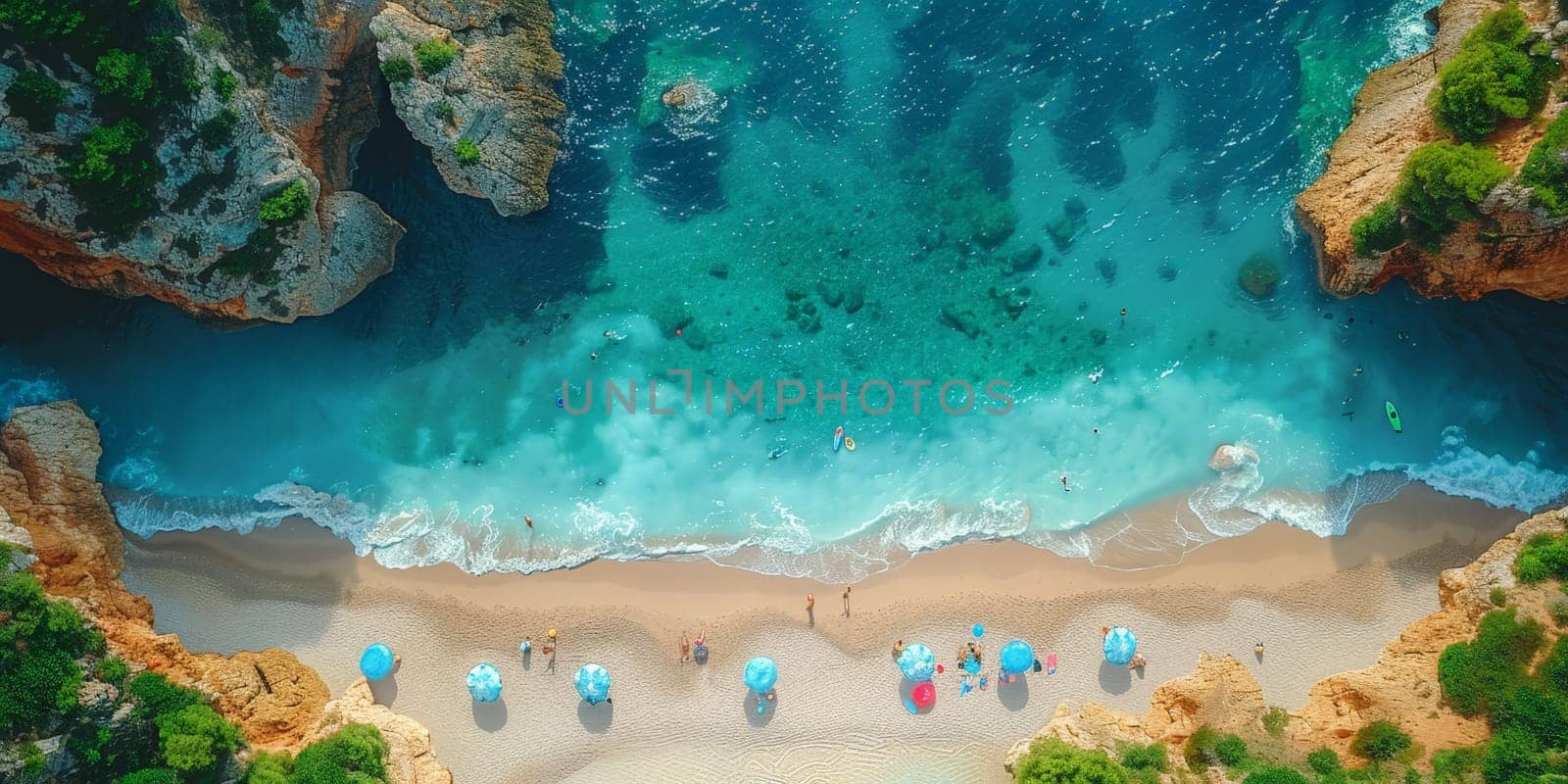 A beach with many people and umbrellas. The beach is very crowded and the water is very clear
