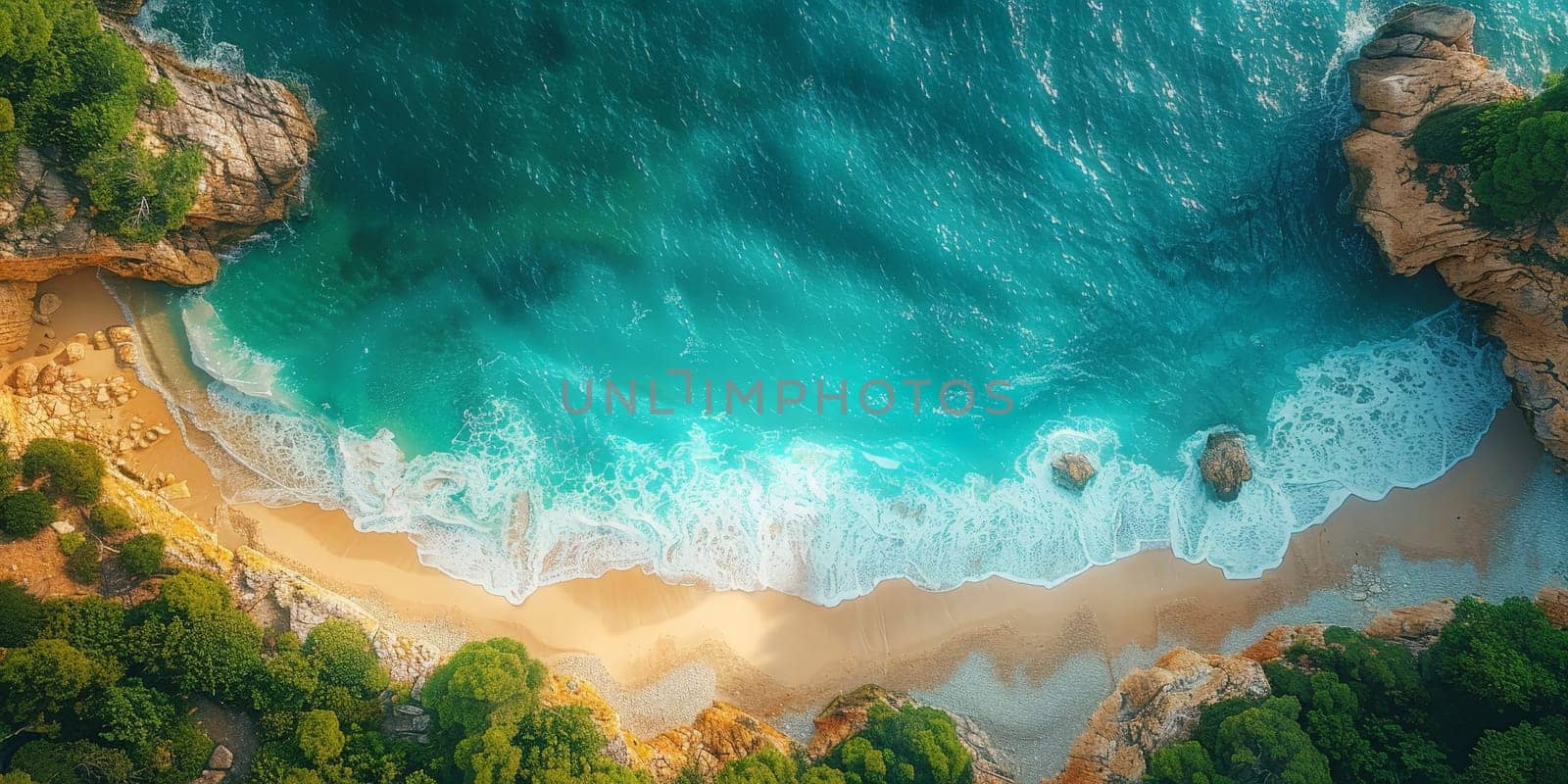 A beautiful beach with a rocky shoreline and a clear blue ocean. The water is calm and the sky is clear