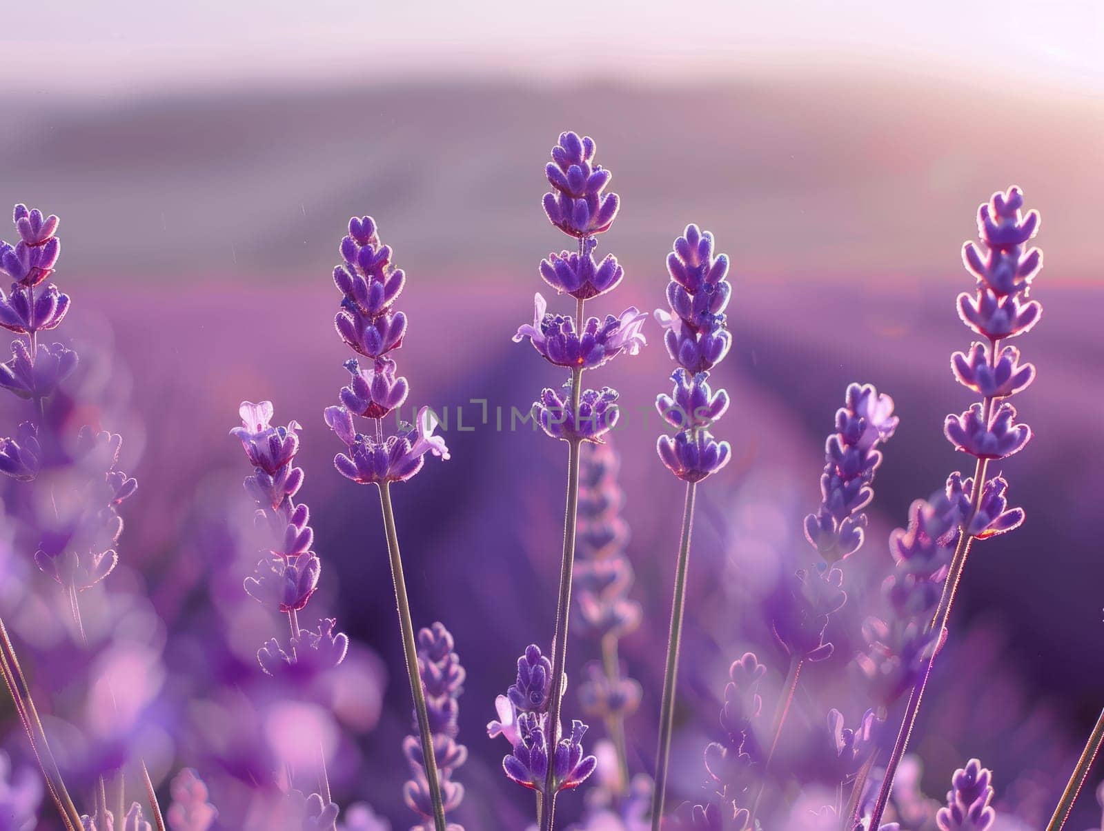 Close up of lavender flowers in bloom with a sunset glow. Purple hued backdrop for design, nature inspired wallpaper, and tranquil aromatherapy themes with space for text. Ai generation. by Lunnica