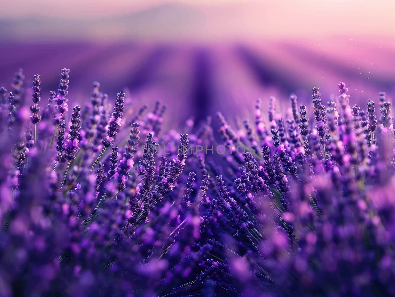 Lavender fields at twilight, soft focus and vibrant purple hues for poster and greeting card design. Aromatherapy and serene nature concept with dusk light. Ai generation. by Lunnica