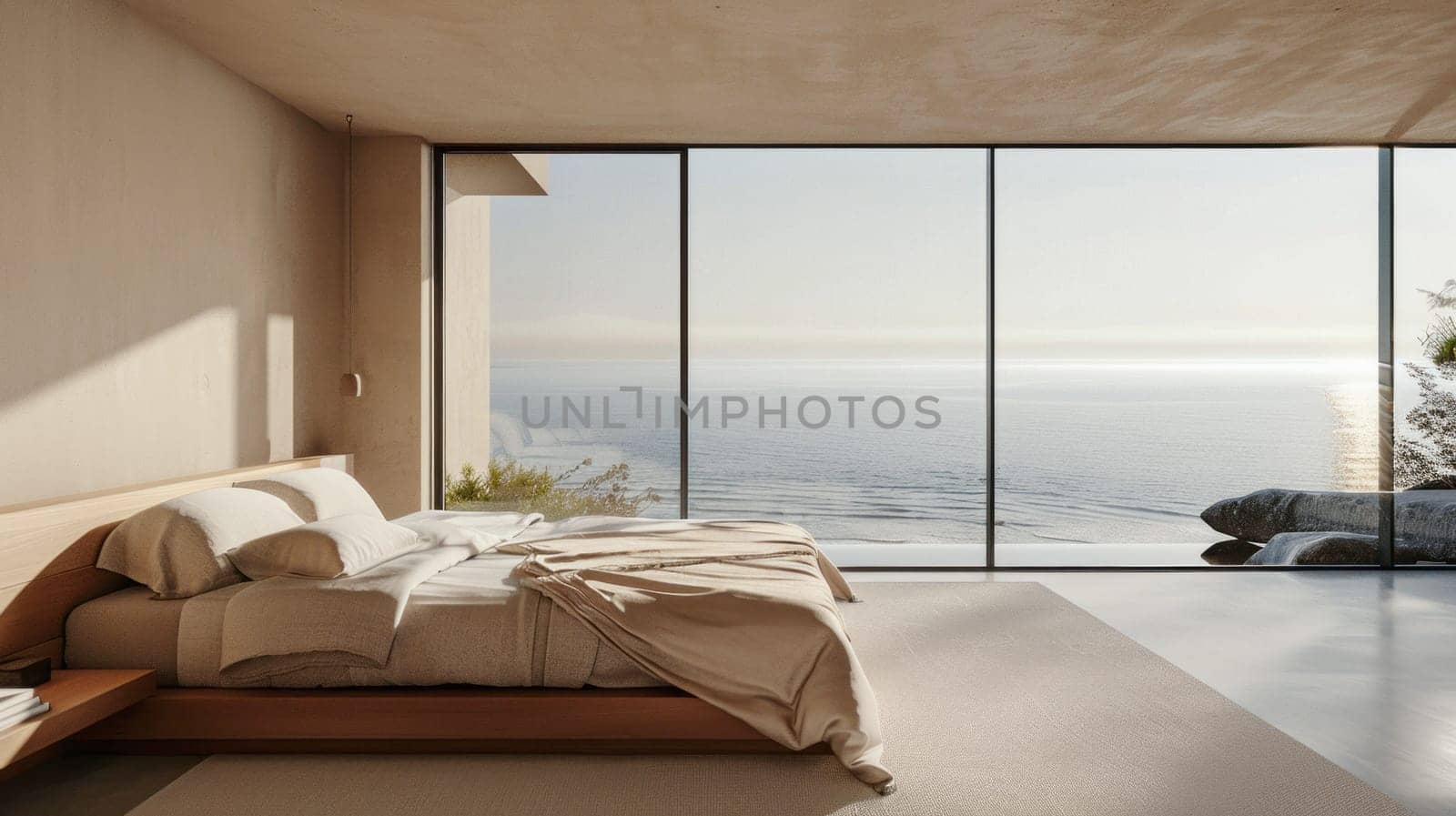 Minimalist bedroom interior with ocean sea view. Modern coastal interior. Summer, travel, vacation, dreams holiday, resort....