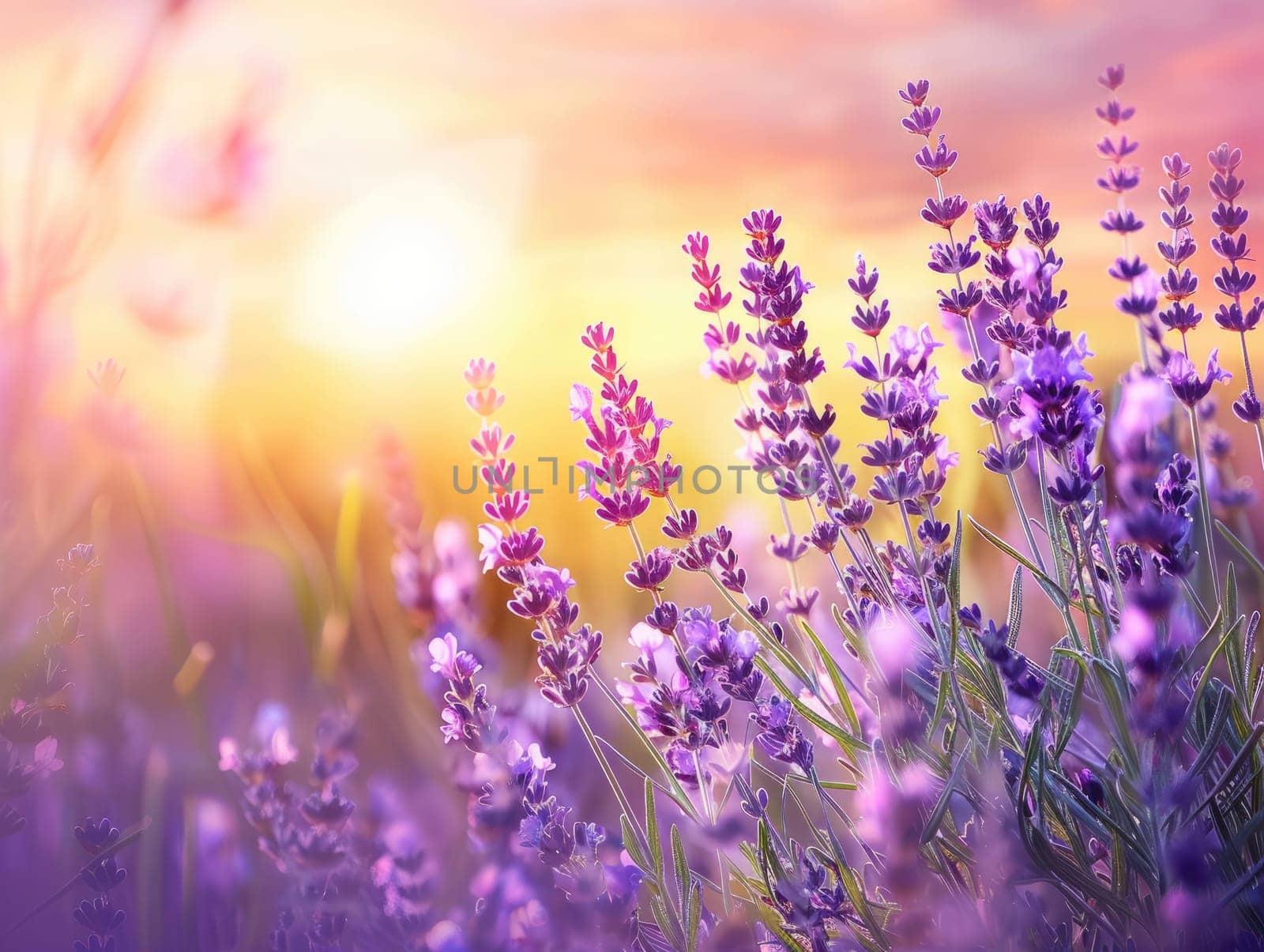 Close up of lavender flowers at sunset with bokeh effect, vibrant purple tones for wallpaper and textile design. Summer bloom and beauty concept with golden hour lighting. Ai generation. High quality