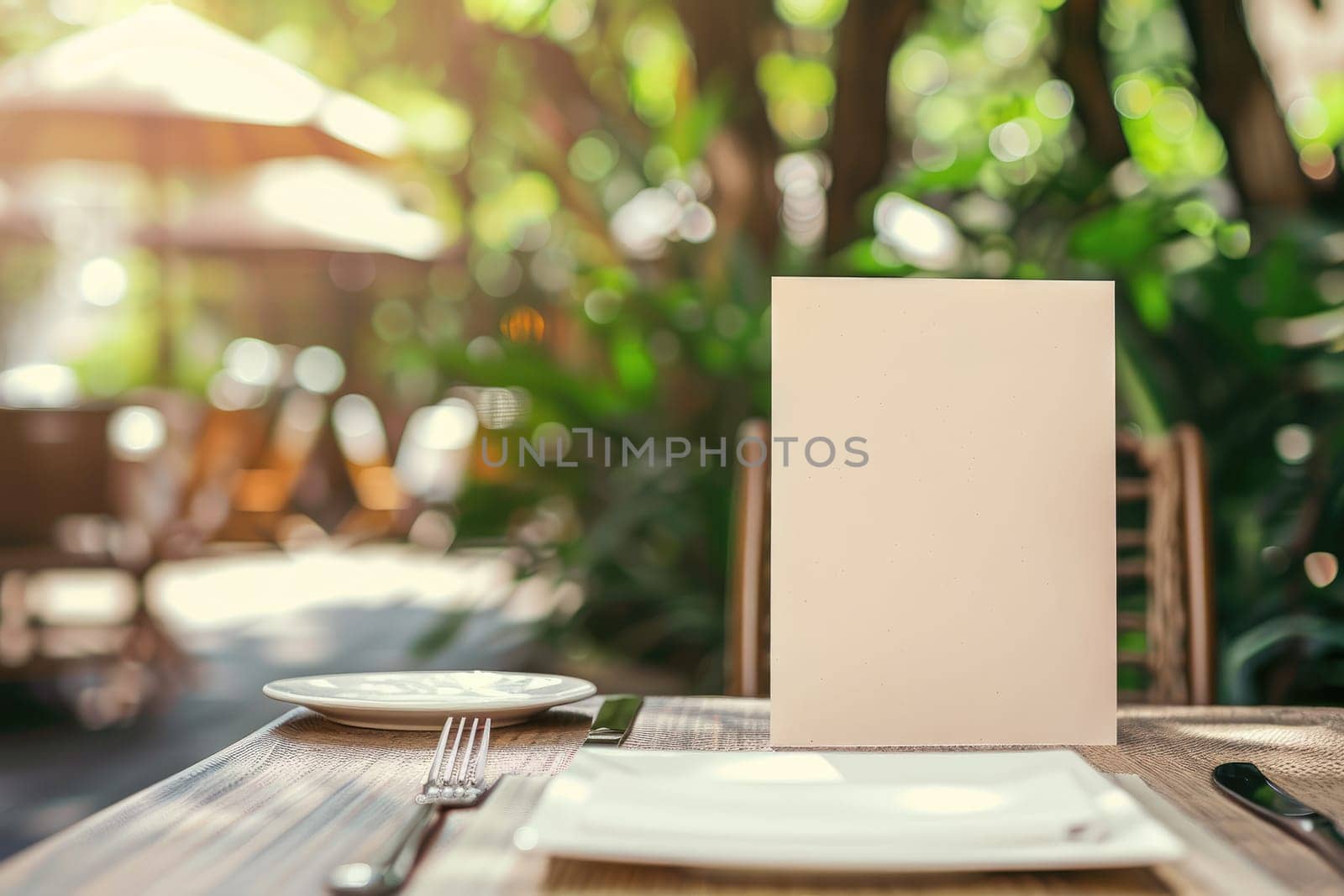 Blank menu or invite standing on wooden table in outdoor garden restaurant setting with natural green background. For food and beverage marketing or design with place for text. Ai generation. Ai