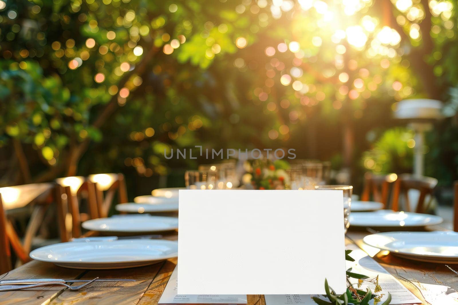 Outdoor dining setup with empty white menu on a rustic wooden table, elegant tableware and nature background. For restaurant and alfresco dining concept with copy space. Ai generation by Lunnica