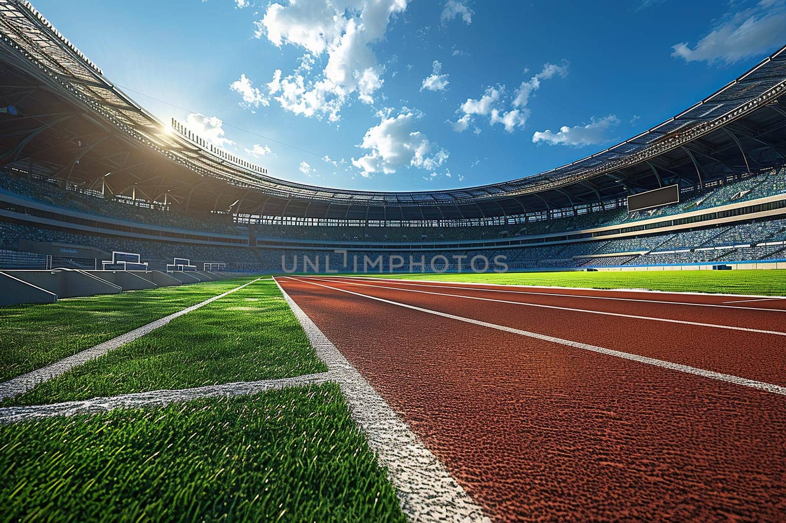 Red running track on the sports ground of a modern stadium. Treadmill at the stadium. Hobbies and recreation. Generated by artificial intelligence by Vovmar