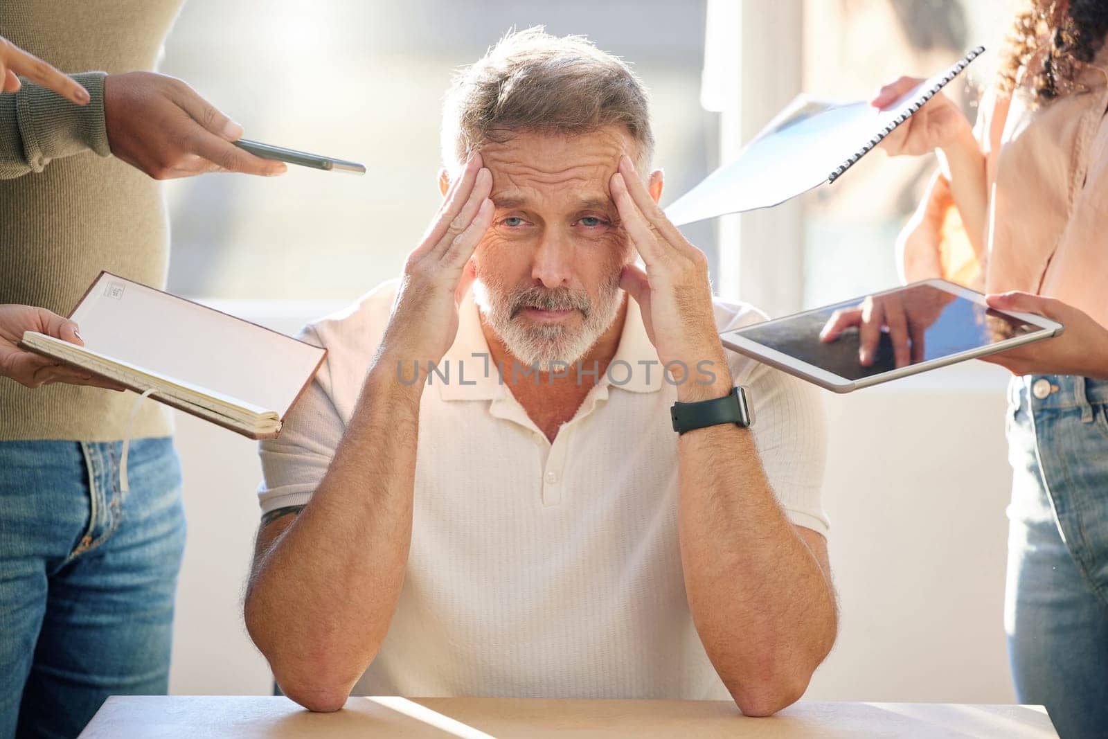 Businessman, portrait and headache with documents for time management, anxiety or stress in chaos or workload. Frustrated, tired or mature man in burnout, pressure or deadline at busy workplace.