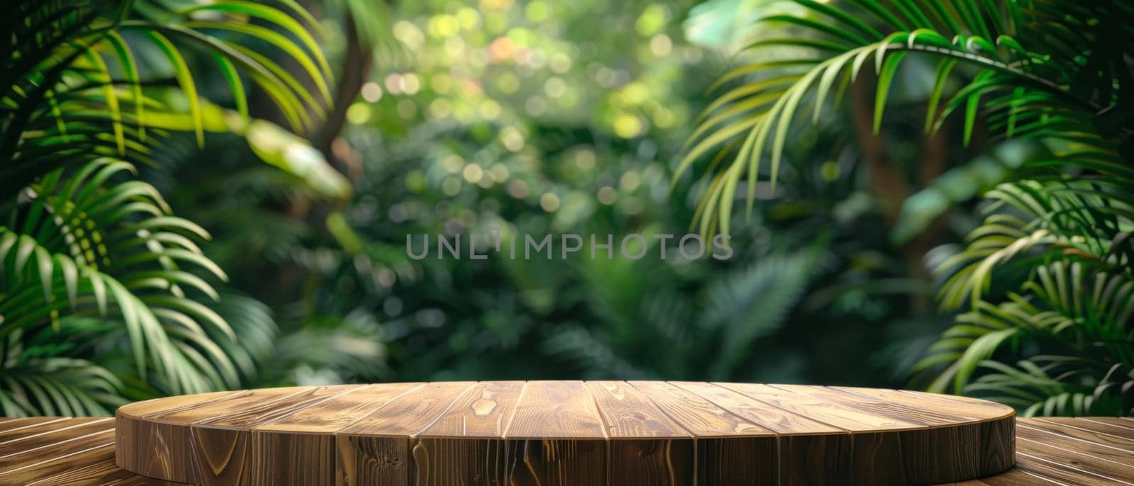 A rustic wooden podium stands amidst a lush tropical jungle, surrounded by verdant foliage and beams of warm sunlight filtering through the dense canopy. by sfinks