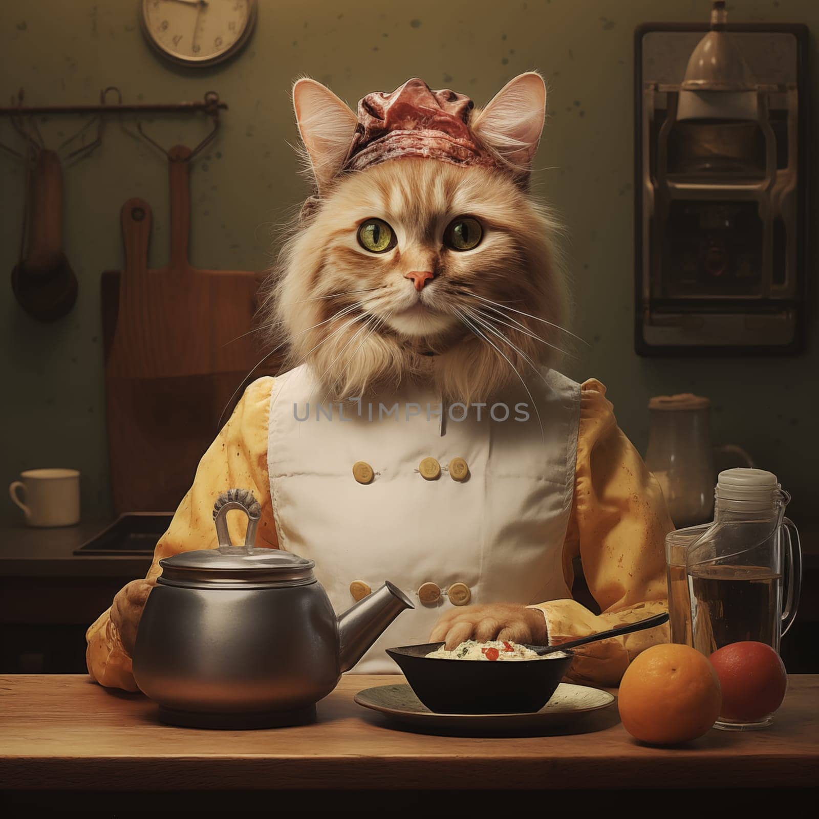 A cat chef in an apron and cap stands at a table in the kitchen. Red tabby cat with a bowl of porridge and a kettle at home. by sfinks