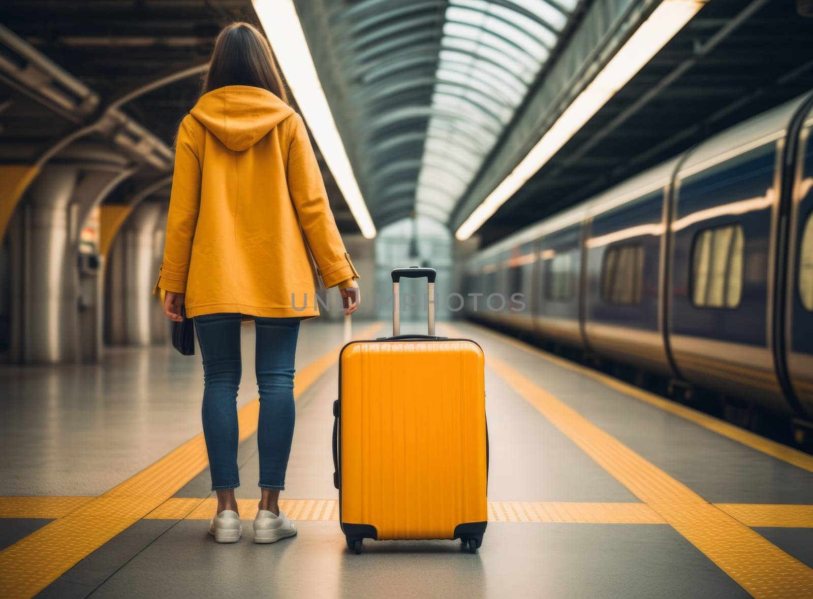 Young female traveler in a bright jacket standing with a yellow suitcase at the modern railway station and waiting for the train, back view. Concept of an urban transportation and travel