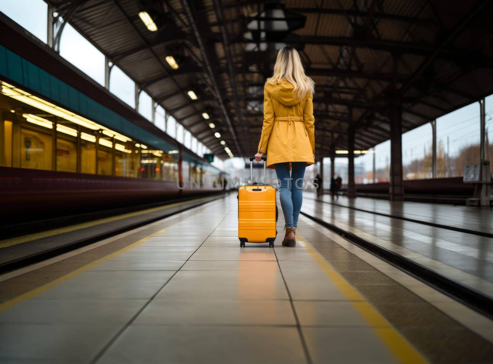 Young female traveler in a bright jacket walking with a yellow suitcase at the modern railway station and waiting for the train, back view. Concept of an urban transportation and travel