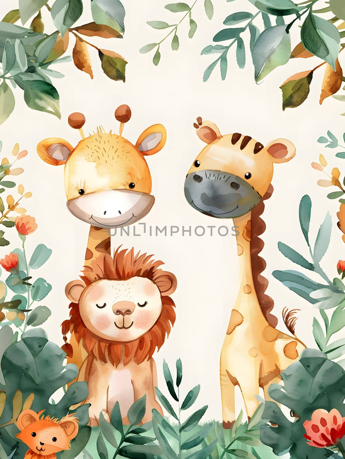 A giraffe, a lion, and a baby monkey relax in the jungle among plants and grass by Nadtochiy