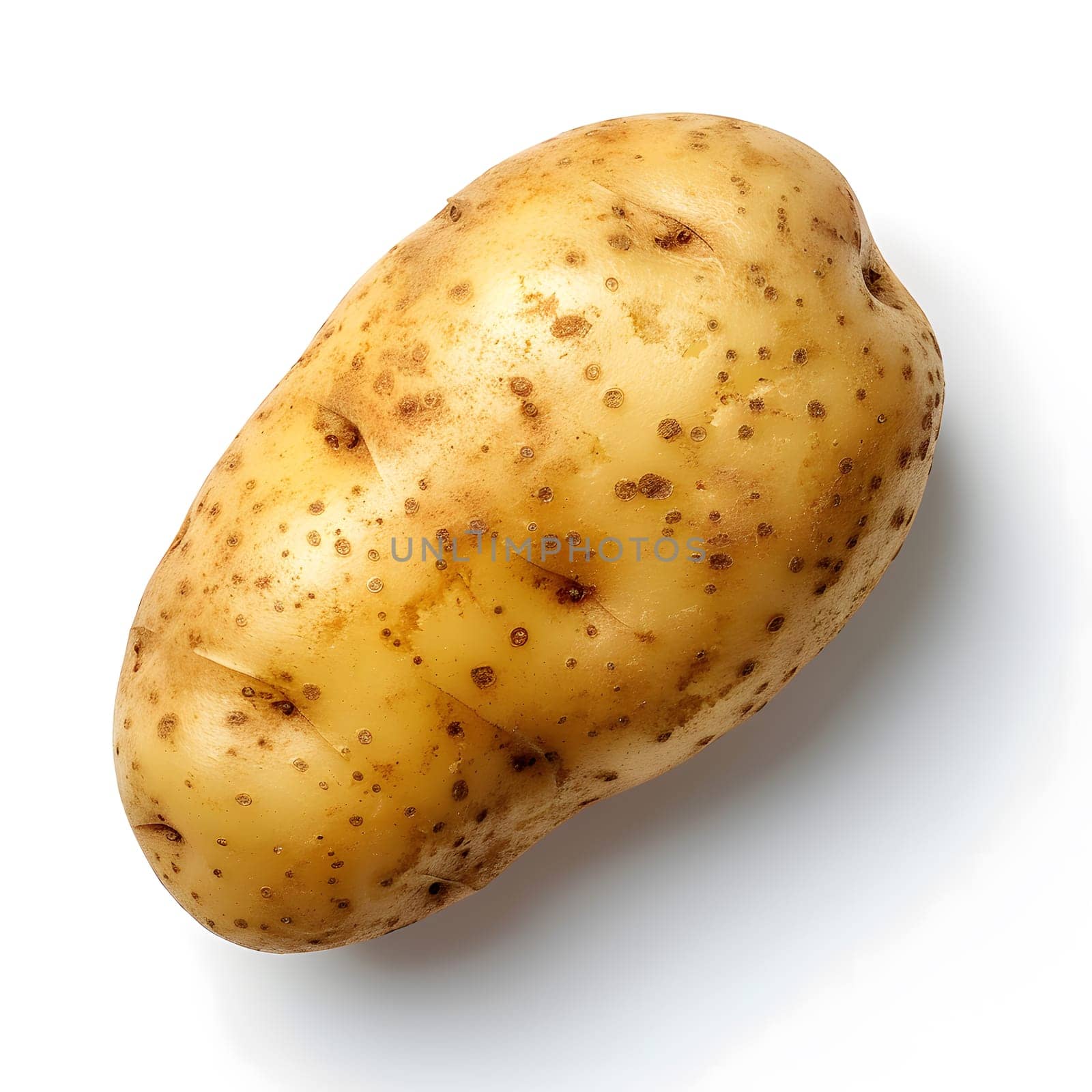 A Yukon gold potato, a type of root vegetable, with brown spots on a white background. Potatoes are a staple food and versatile ingredient in many cuisines