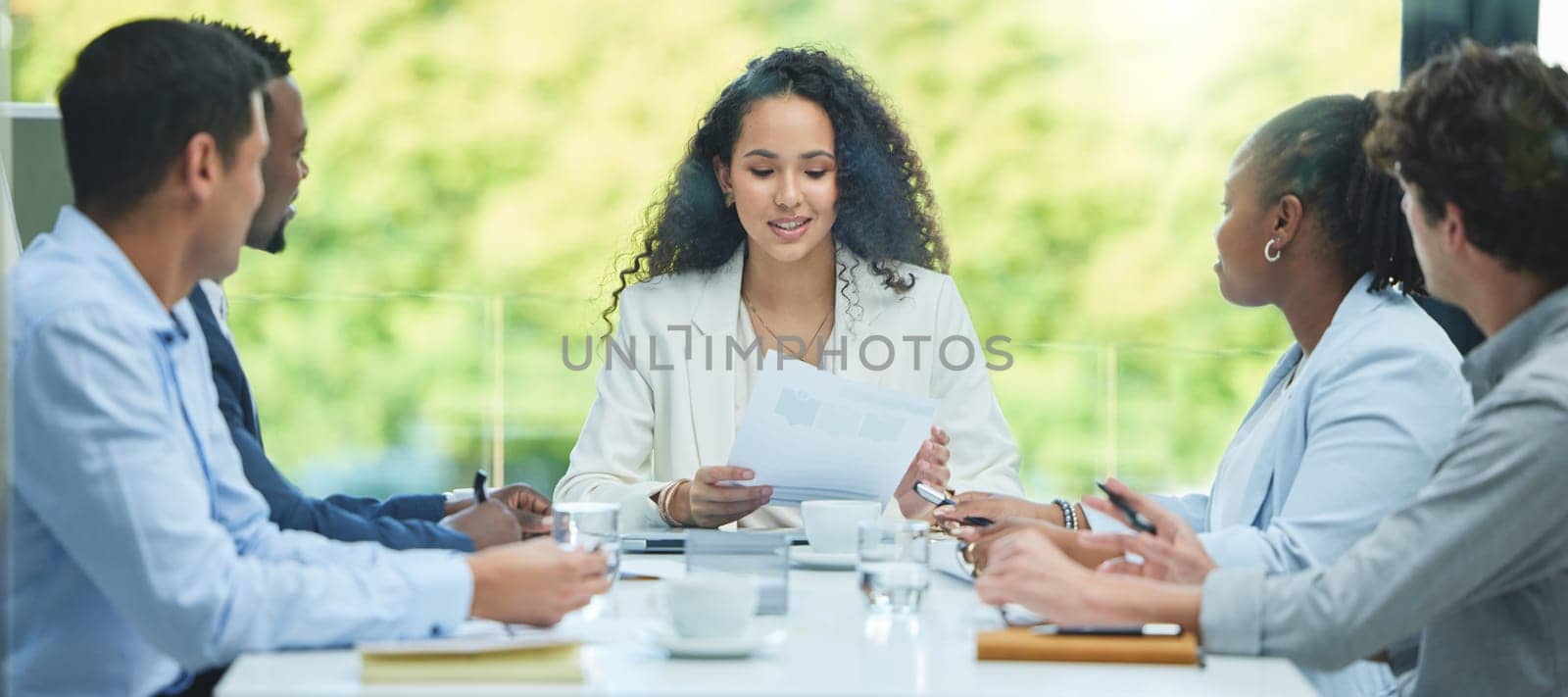 Woman, meeting and reading paperwork for project with teamwork, collaboration and cooperation. Manager, planning and speaking to staff with report, proposal review or chat with feedback on document.