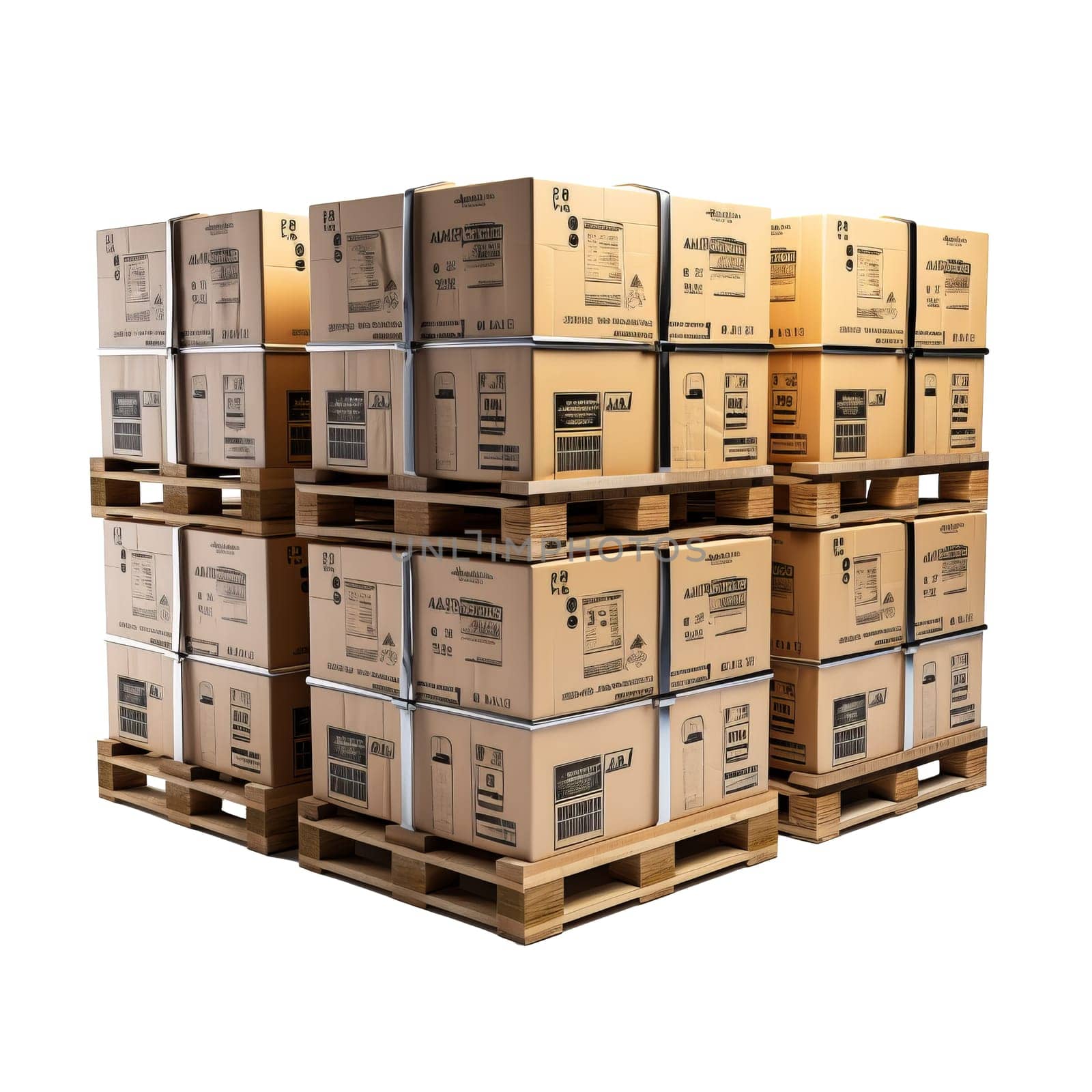 Stack of Cardboard Boxes on Wooden Pallets. Stack of brown cardboard boxes neatly arranged. Pallets are stacked on top of each other. Isolated on white background with clipping path. Storage concept. by sfinks