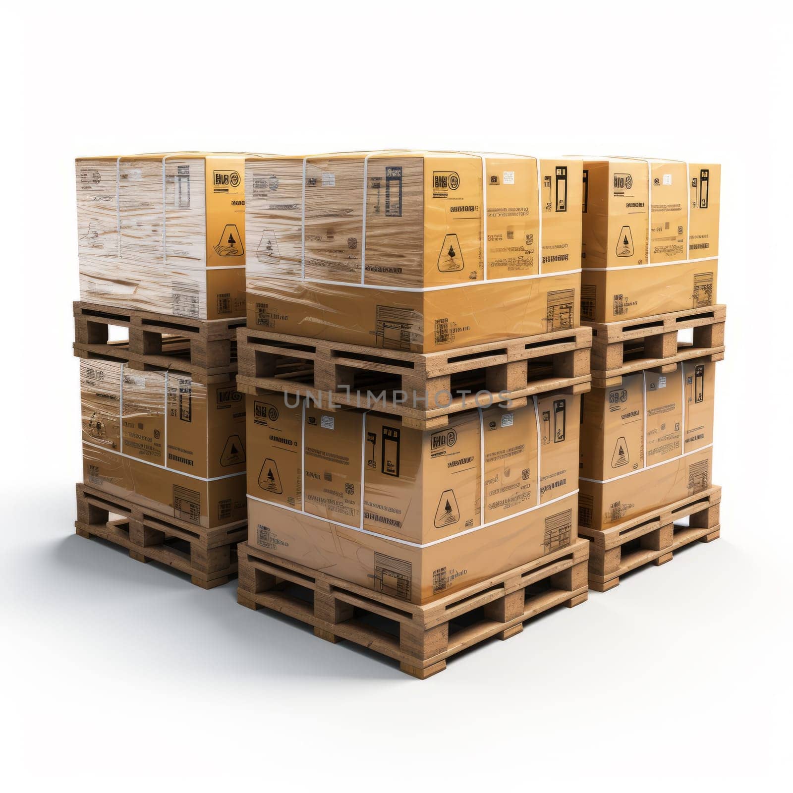 Stack of Cardboard Boxes on Wooden Pallets. Stack of brown cardboard boxes neatly arranged. Pallets are stacked on top of each other against a white background. Concept to storage, shipping, logistics. by sfinks