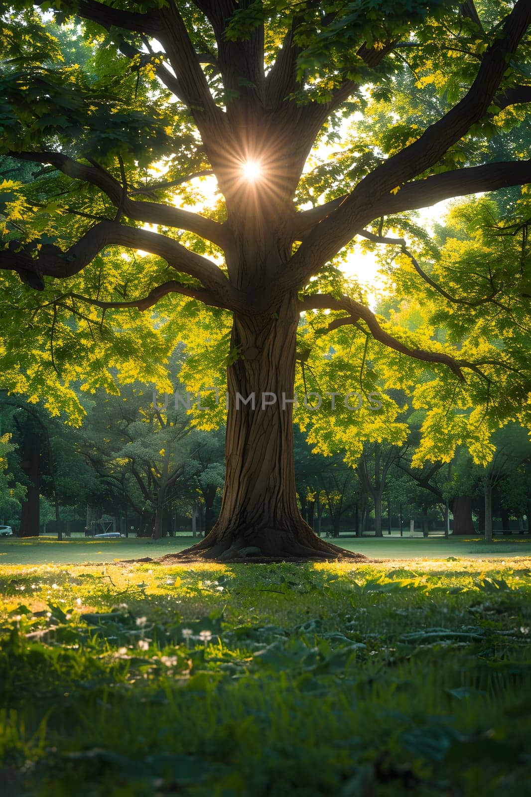 The suns rays filter through the branches of a deciduous tree in the park, creating beautiful tints and shades on the grass below