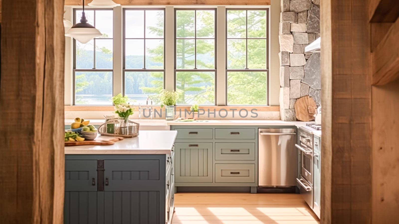 Farmhouse kitchen decor, interior design and furniture, English cottage kitchen cabinets and large window, country house interiors by Anneleven