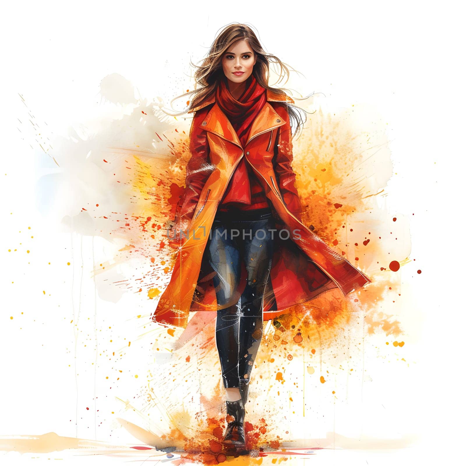 A fashion model in a red coat with flowing sleeves and a cinched waist is strolling through a watercolor painting, embodying the art of fashion design