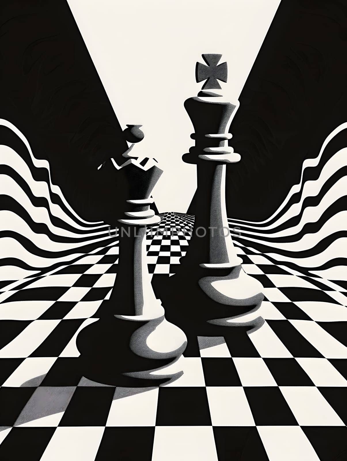 A black and white photograph of two chess pieces on a checkered board, capturing the essence of the classic indoor board game in timeless tints and shades