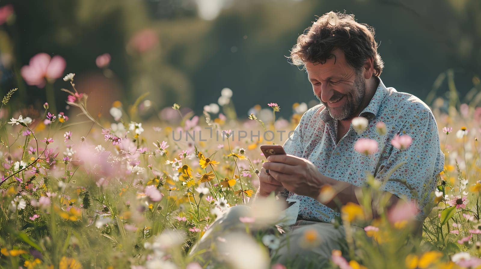 A man sits in a meadow of flowers, surrounded by a natural landscape of grass and flowering plants, while happily looking at his cell phone
