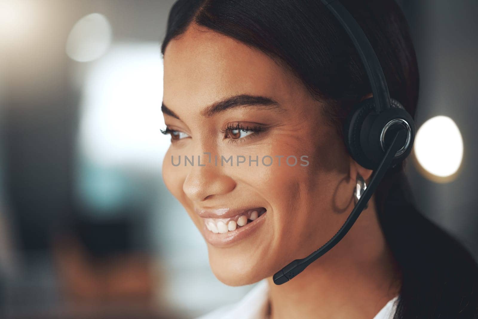 Call center, smile and thinking with woman consultant in telemarketing office for help or sales. Contact, face and headset with happy agent in workplace for consulting, customer service or support.
