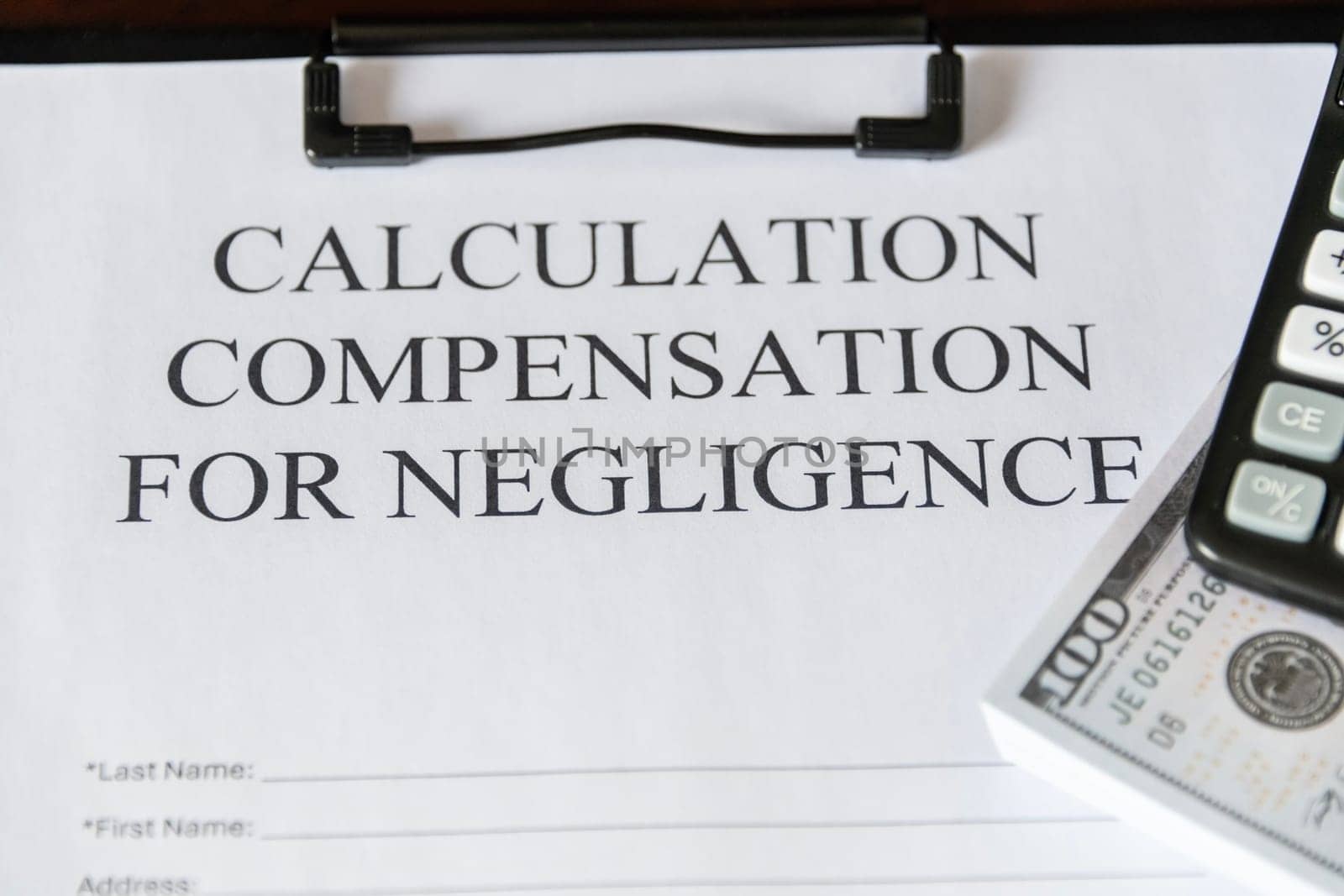 Legal document titled 'Calculation Compensation for Negligence' with a gavel and calculator, symbolizing judicial proceedings
