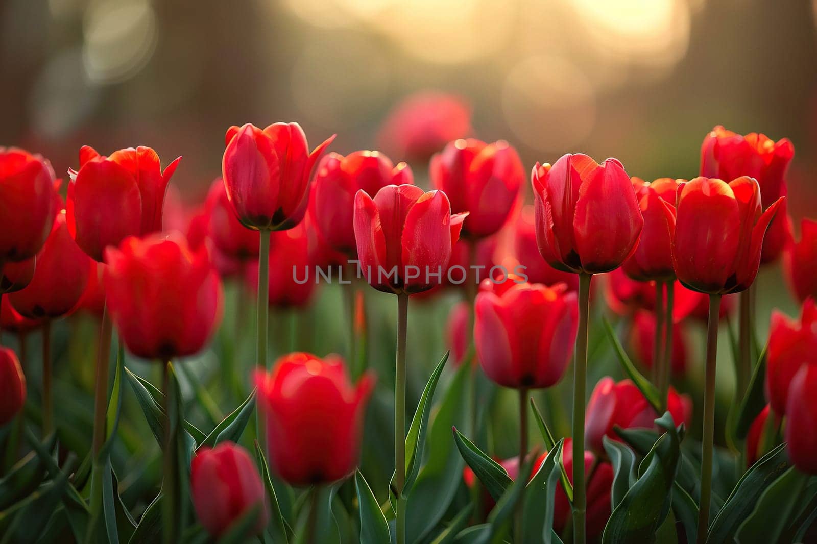 A large beautiful plantation of red tulips in the rays of sunset. Generative AI by Vovmar