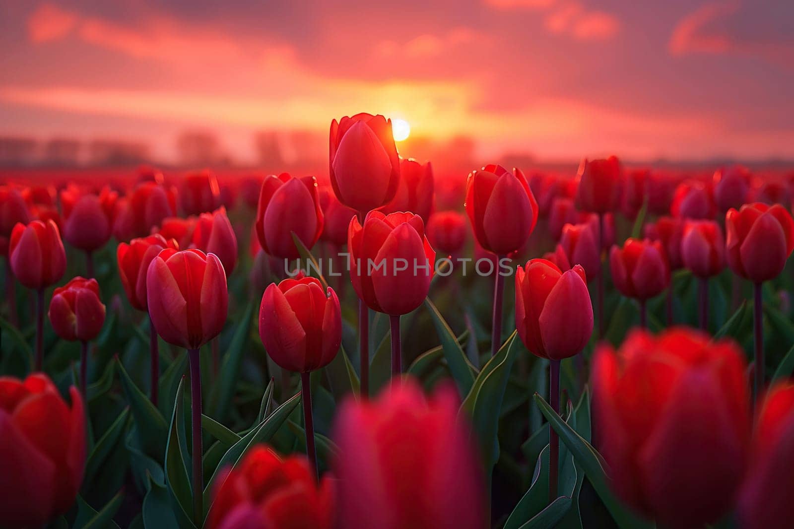 A huge beautiful plantation of red tulips at sunset. Natural background of incredible beauty.