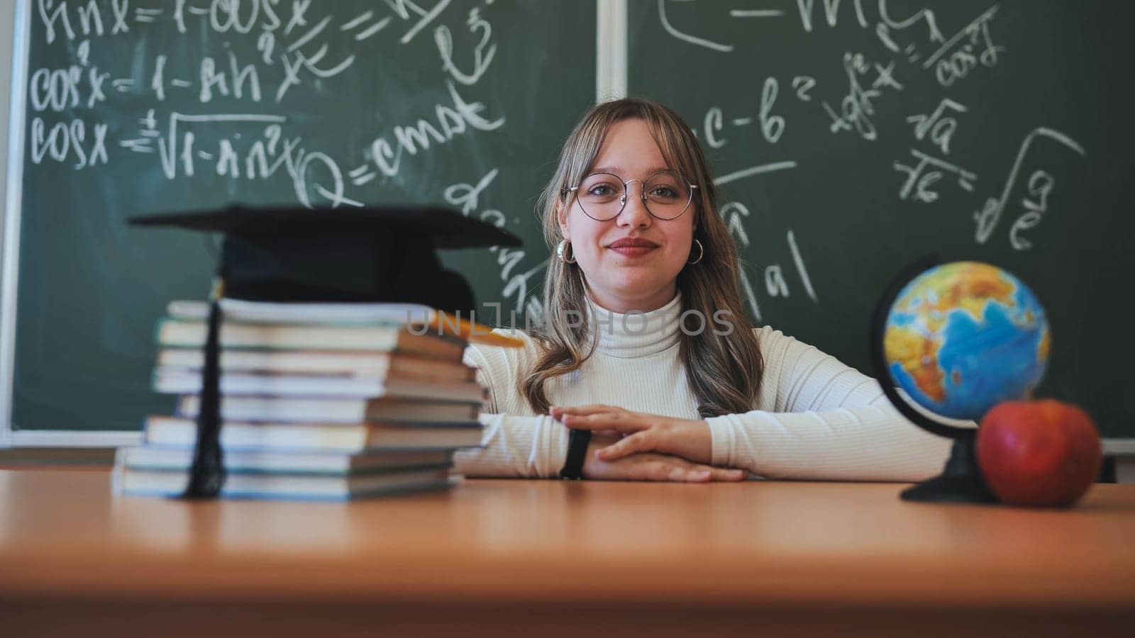 A schoolgirl wearing glasses poses against a background of books, an apple, a globe and a graduation cap. by DovidPro