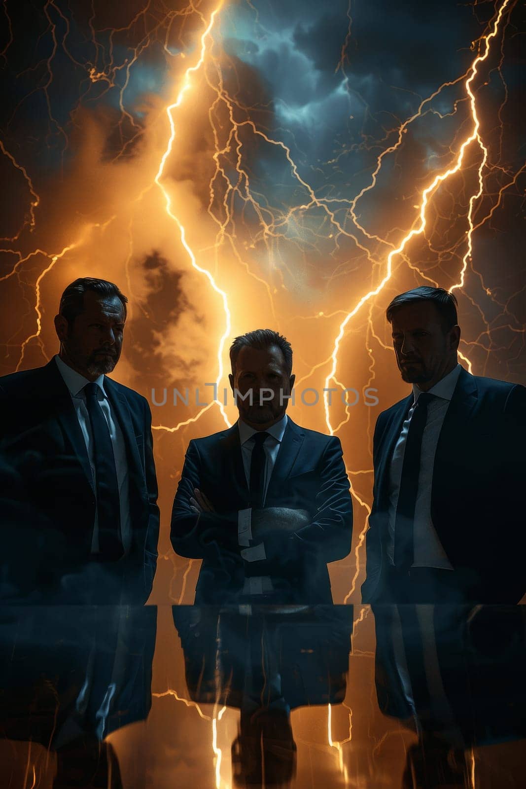 Three men in suits stand in front of a stormy sky with lightning bolts by itchaznong