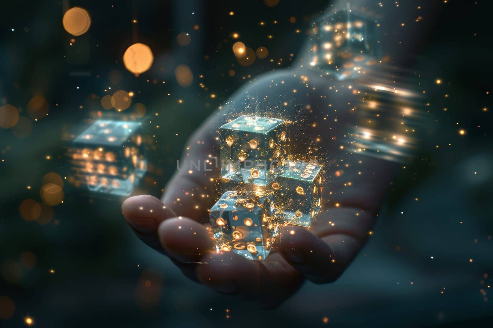 A hand holding a bunch of cubes with a blurry background. The cubes are lit up and appear to be glowing. The image has a dreamy, surreal quality to it, as if the cubes are floating in mid-air