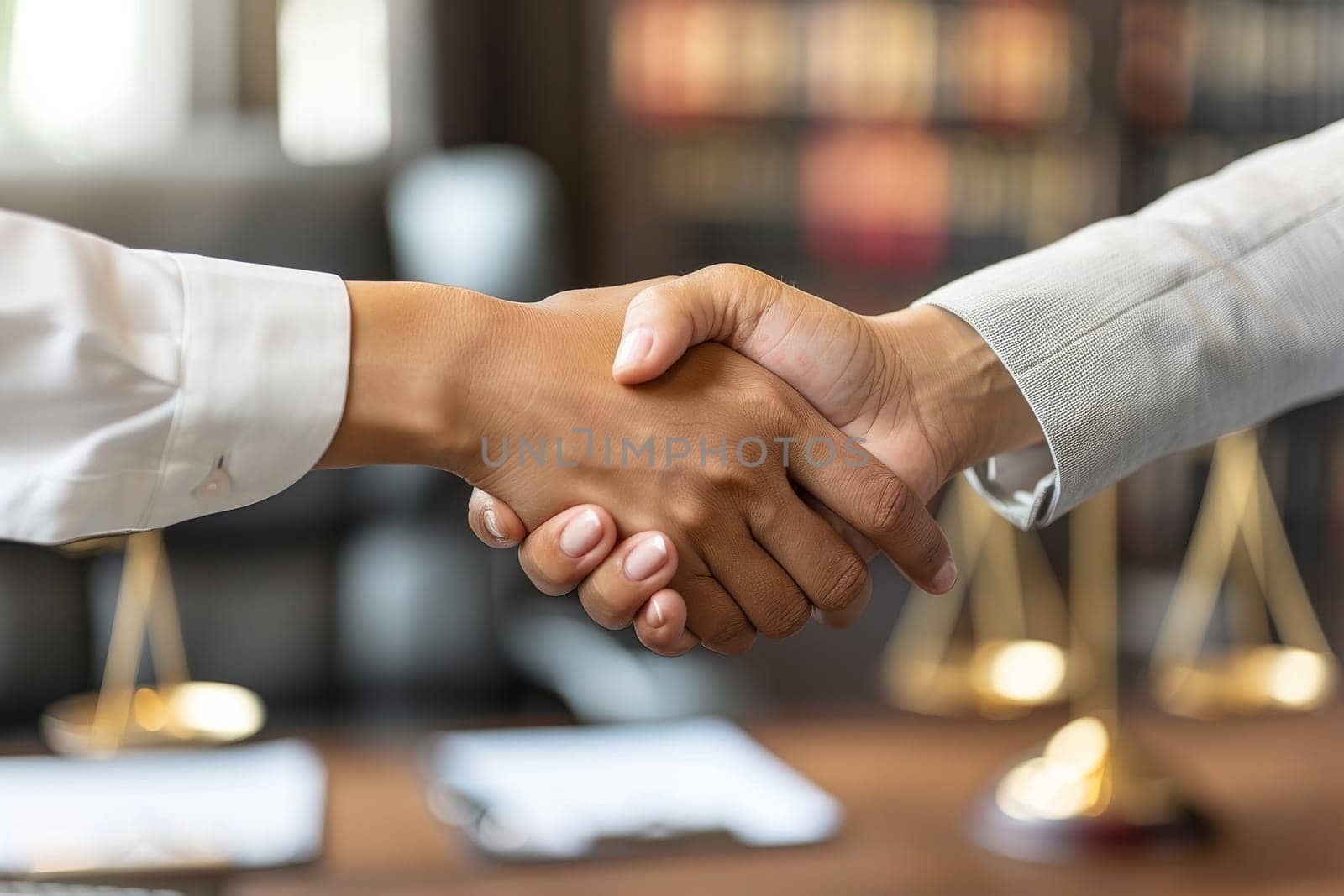 Two people shaking hands in a room with a desk and a bookcase. Scene is professional and formal