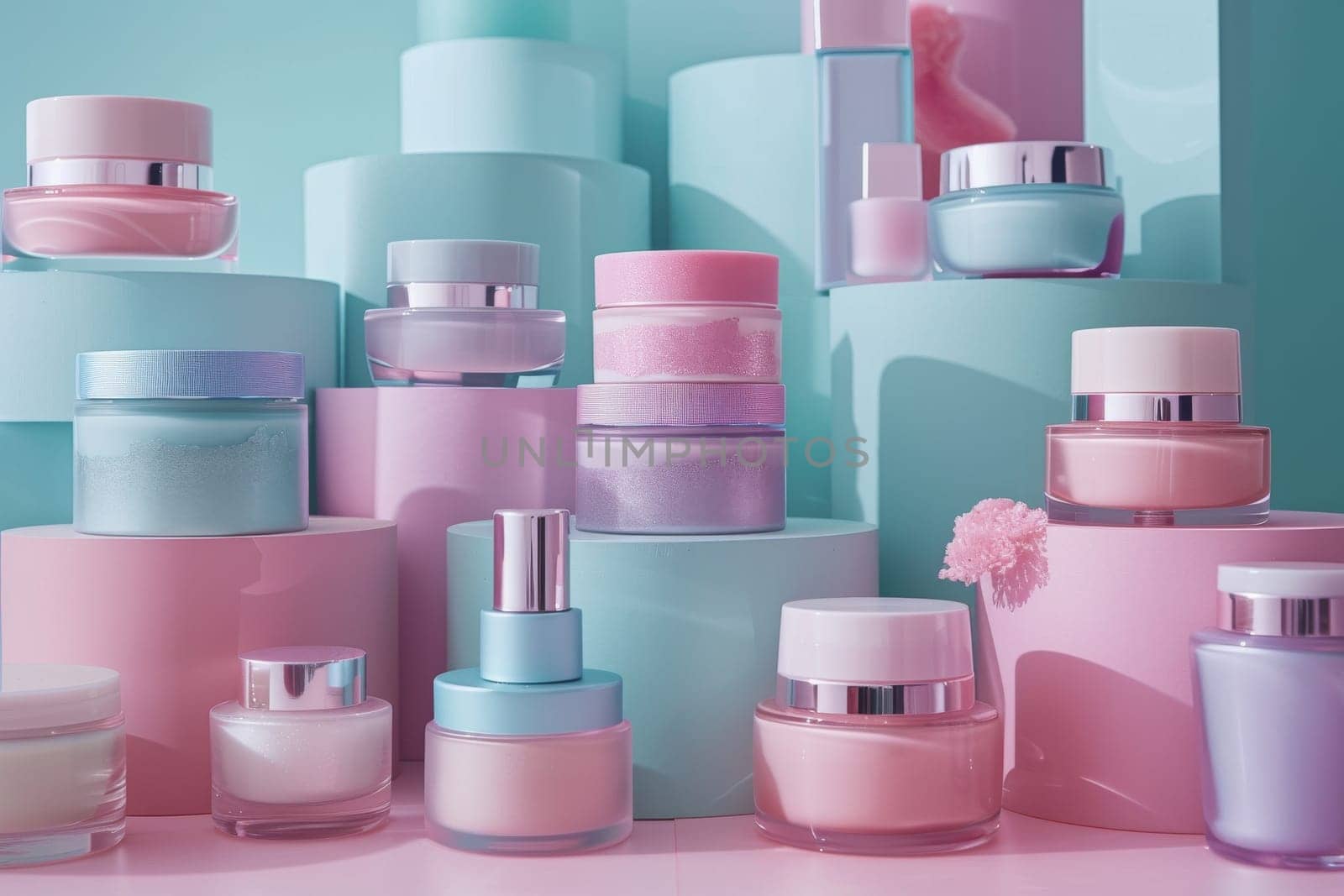 A collection of beauty products are displayed on a table by itchaznong