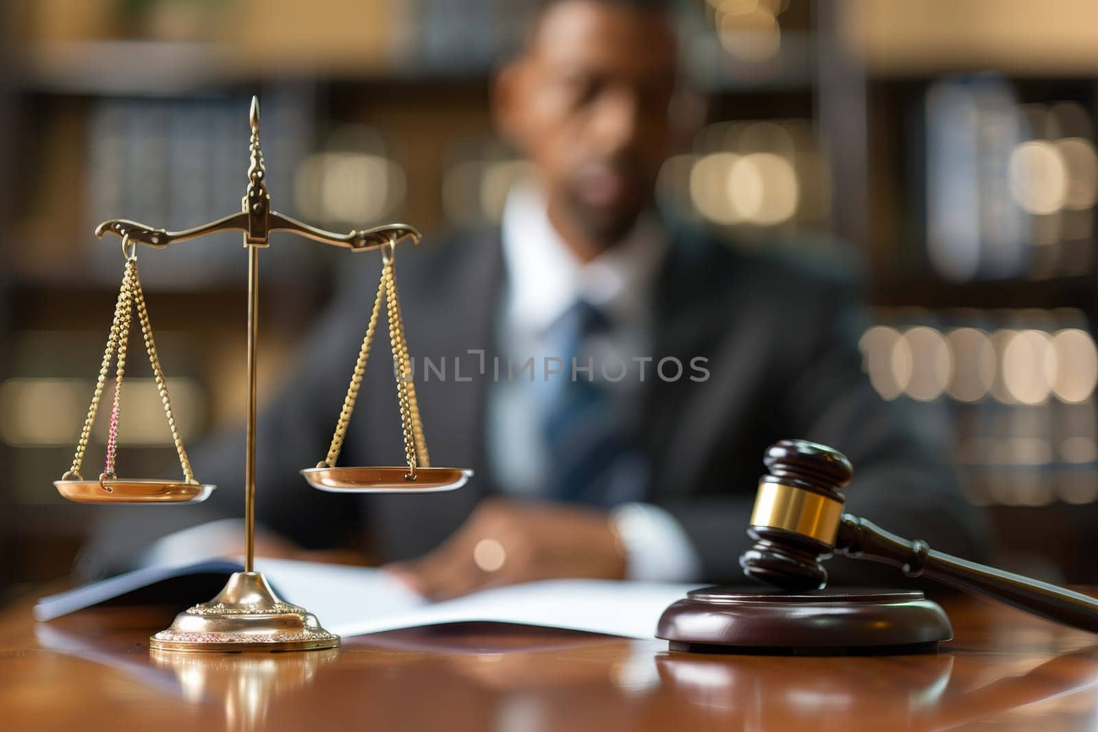 A man sits at a desk with a scale and gavel in front of him. The scene suggests a moment of decision or judgment