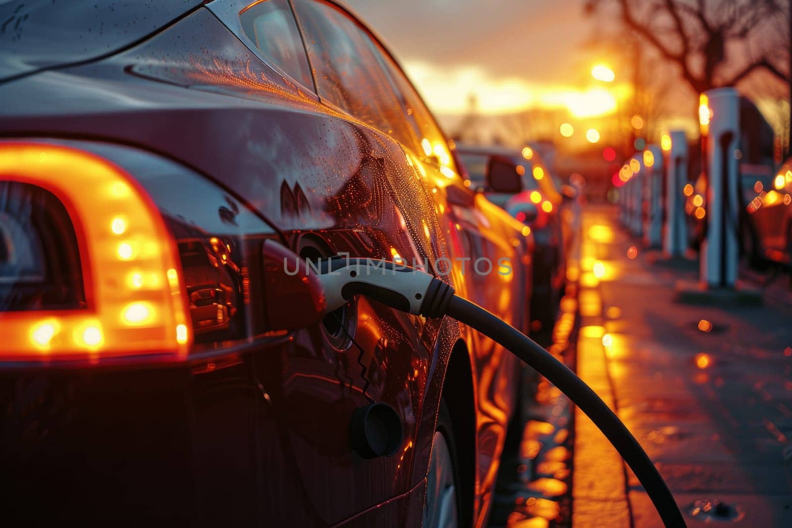 A red Tesla car is charging at a charging station. The car is surrounded by other cars, some of which are also charging. The scene is set at dusk, with the sun setting in the background