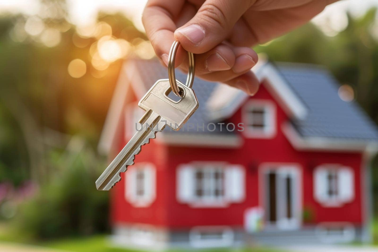 A person is holding a key in front of a red house. The key is silver and has a keyhole