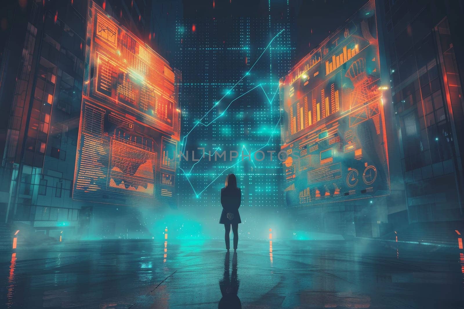 A woman stands in front of two computer monitors, one of which is displaying a graph. The scene is set in a futuristic city