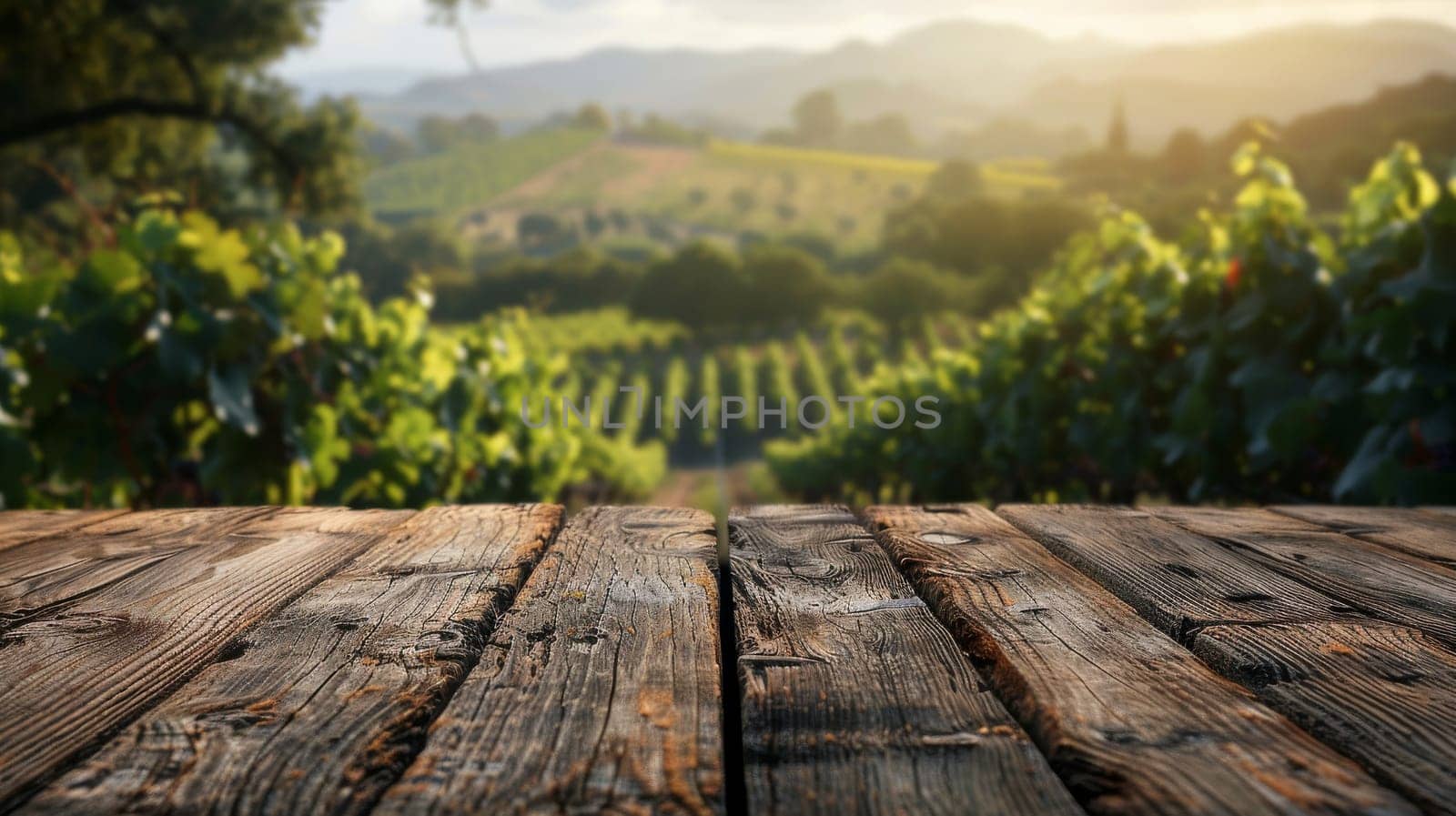 A wooden table with a view of a vineyard. The table is empty and the view is of a lush green vineyard with a few trees in the background