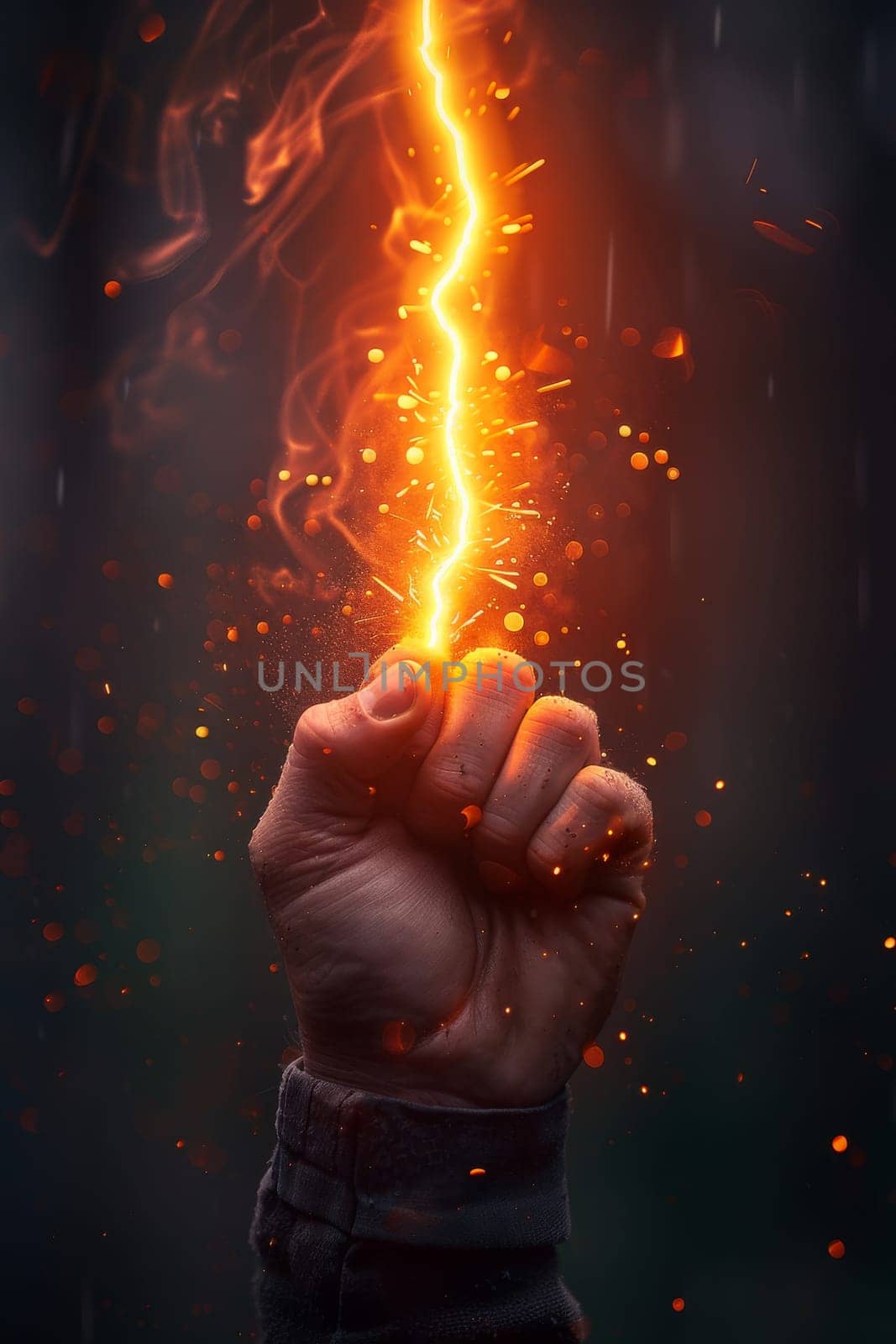 A hand is shown with a fist raised, surrounded by sparks and smoke. Concept of power and energy, as if the person is harnessing the power of the fire. The sparks and smoke add to the dramatic effect