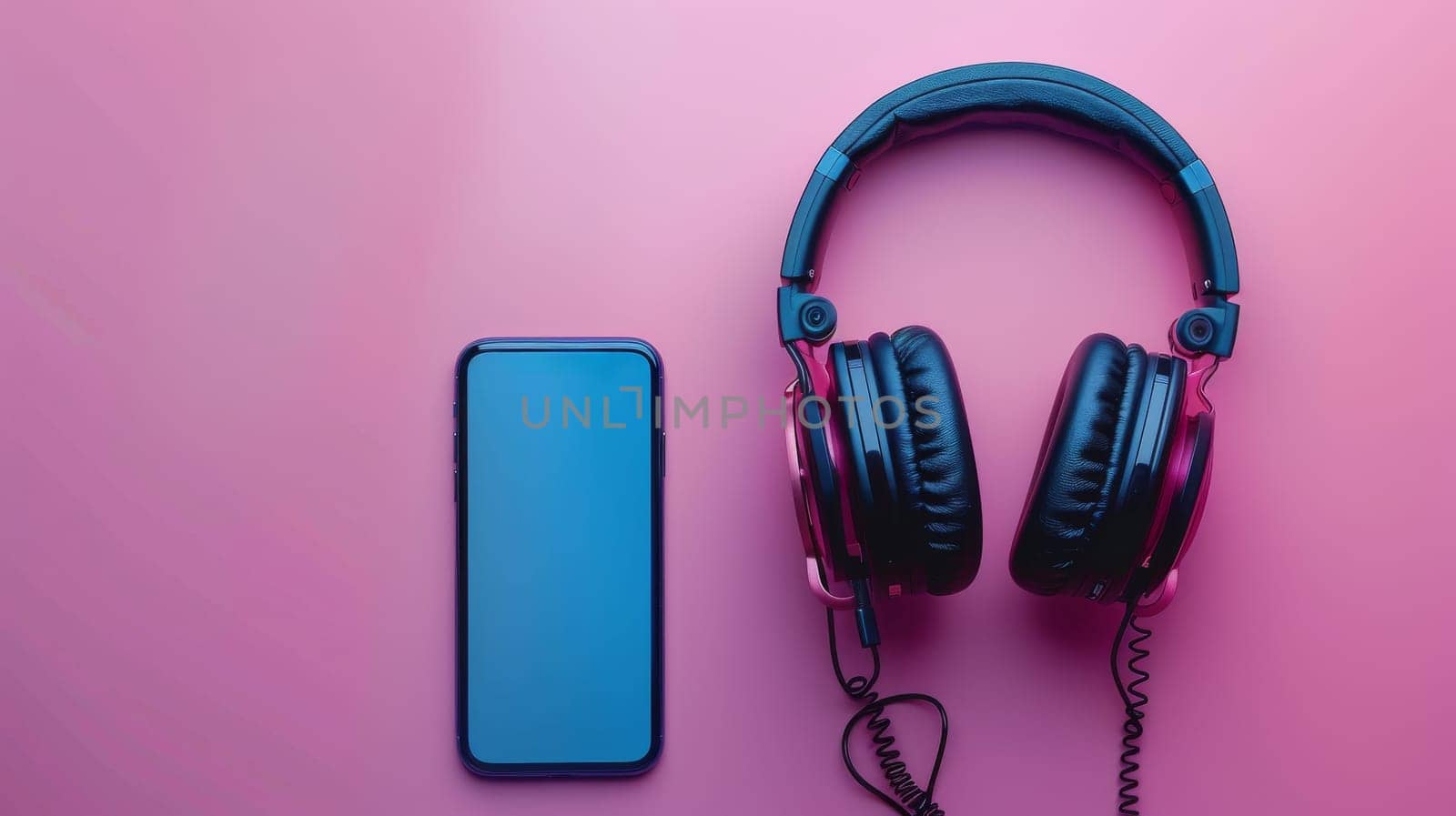 A phone and headphones are on a pink background.