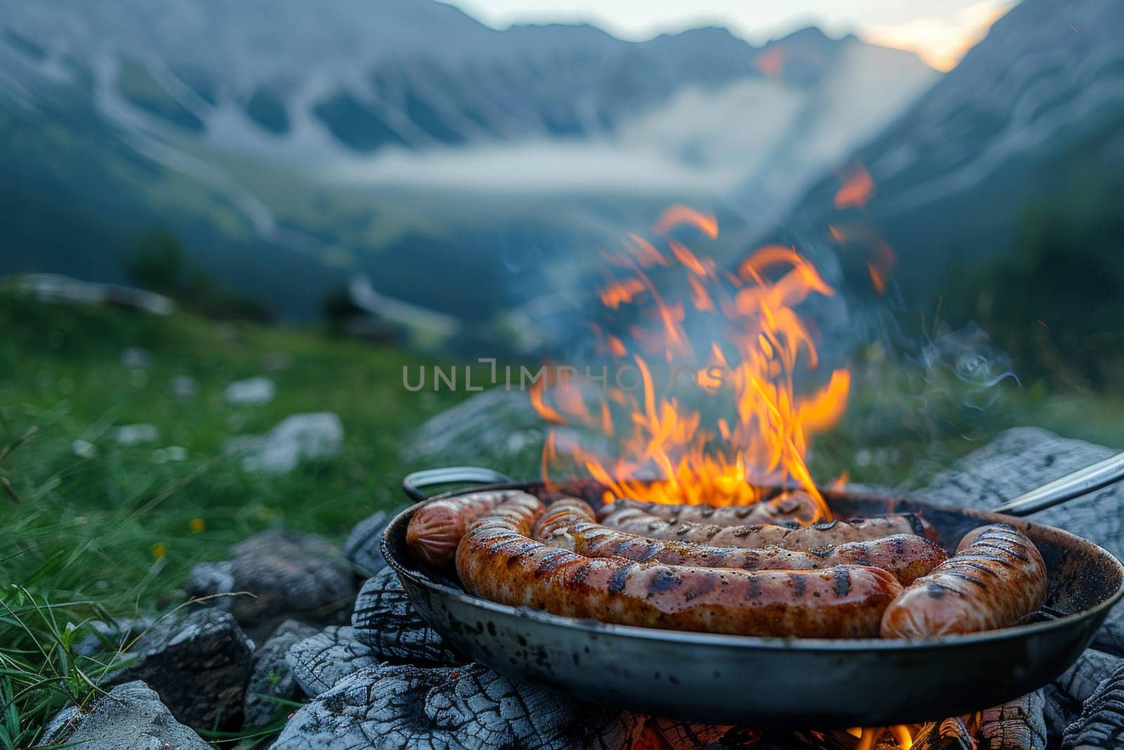 A pan of hot dogs is cooking over a fire in the mountains. The scene is peaceful and serene, with the mountains in the background and the fire providing warmth and light. The hot dogs are sizzling