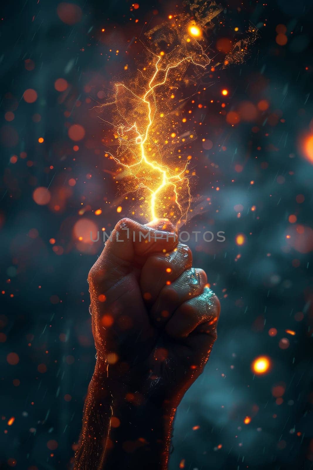 A hand is holding a glowing object that looks like a lightning bolt. The image has a dark and mysterious mood, with the glowing object creating a sense of awe and wonder
