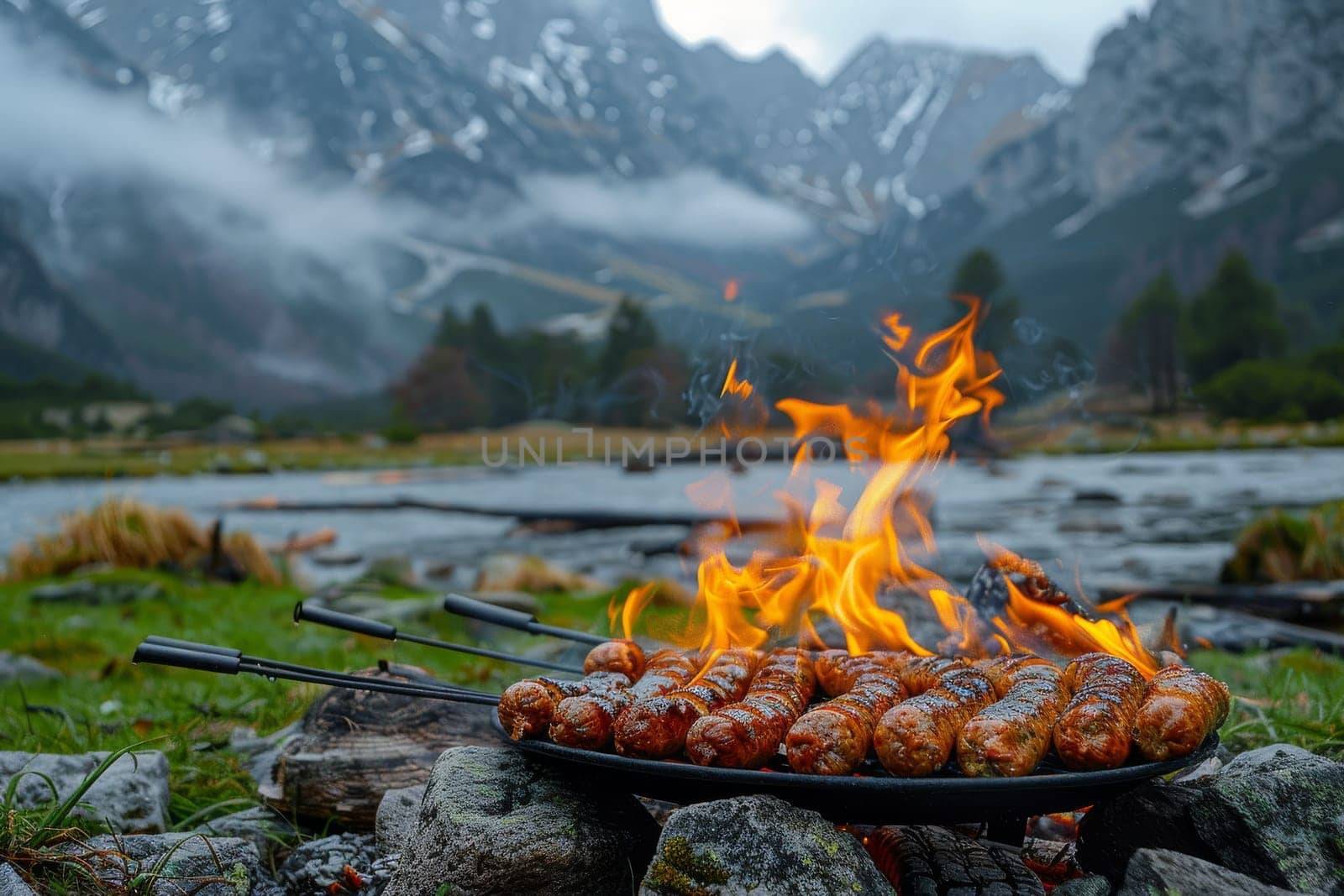 A plate of hot dogs is being cooked over a fire in a grassy field. The scene is peaceful and serene, with the mountains in the background adding to the sense of tranquility