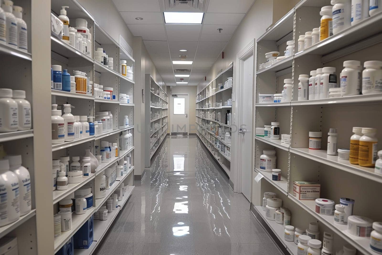 A long aisle of medicine shelves with a white door in the middle. The medicine is organized by type and brand