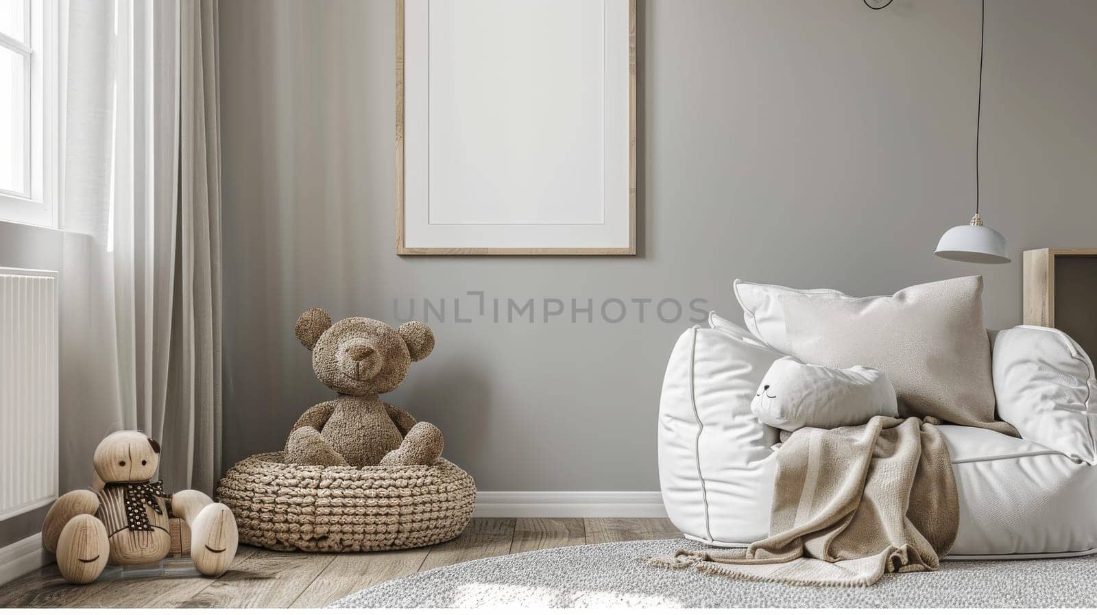 A living room with a white couch and a teddy bear on a rug. The room is clean and well-organized, with a white wall and a white chair