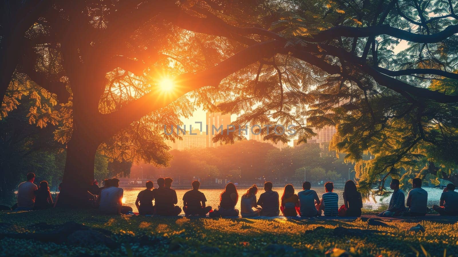 A group of people are sitting under a tree in a park. The sun is setting, casting a warm glow over the scene. The people are enjoying each other's company and the peaceful atmosphere of the park