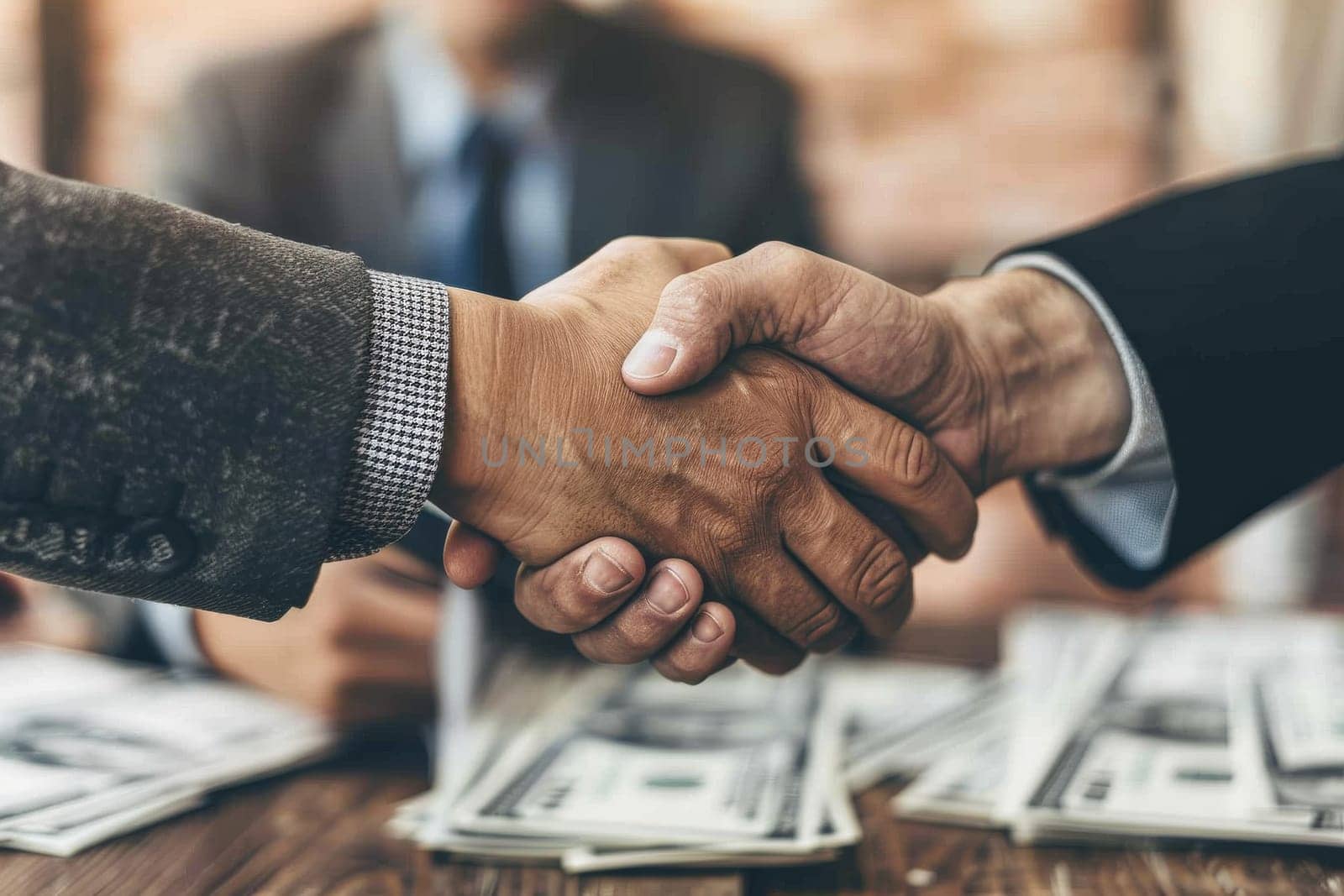 Two men shaking hands in front of a pile of money. Concept of trust and financial agreement between the two men