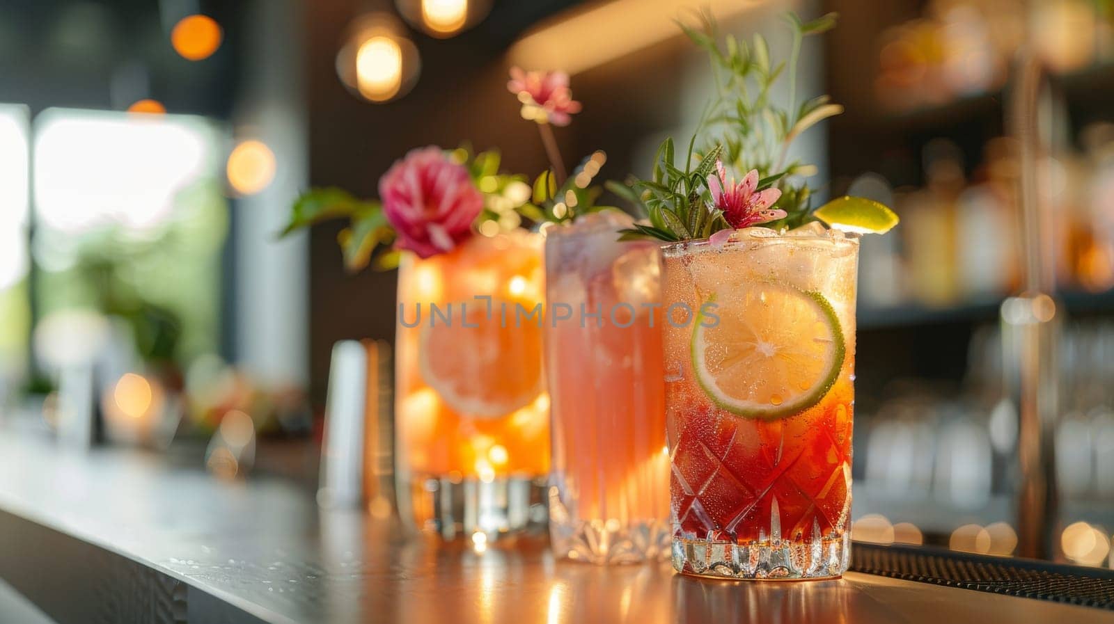 Three drinks with flowers on top sit on a bar by itchaznong